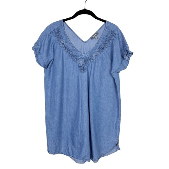Neiman Marcus Chambray Tencel Double V-Neck Ruffle Cap Sleeve Top Size S - Picture 1 of 6